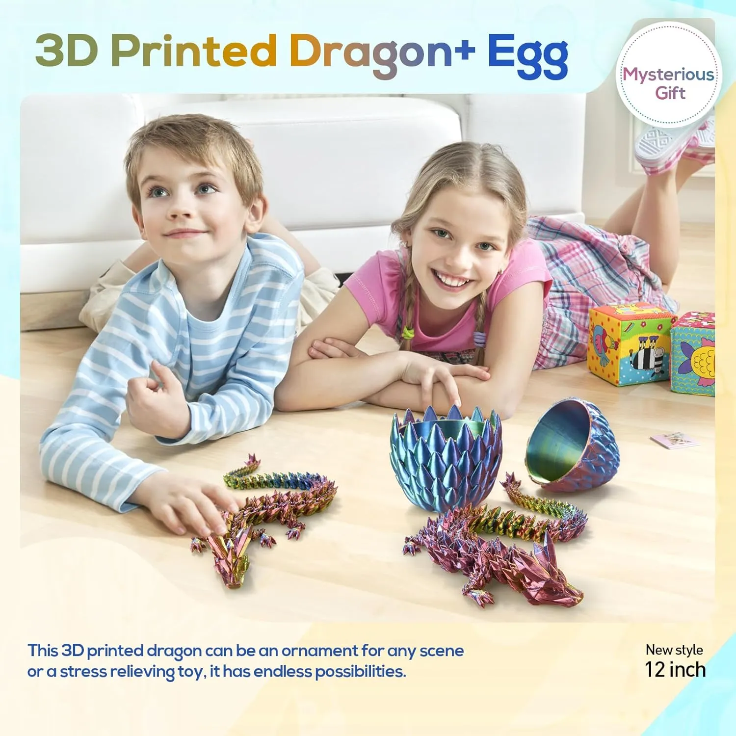 3D Printed Dragon,Dragon Eggs with Dragon Inside,Surprise Dragon Egg Toy,12'' Full Articulated Crystal 3D Dragon