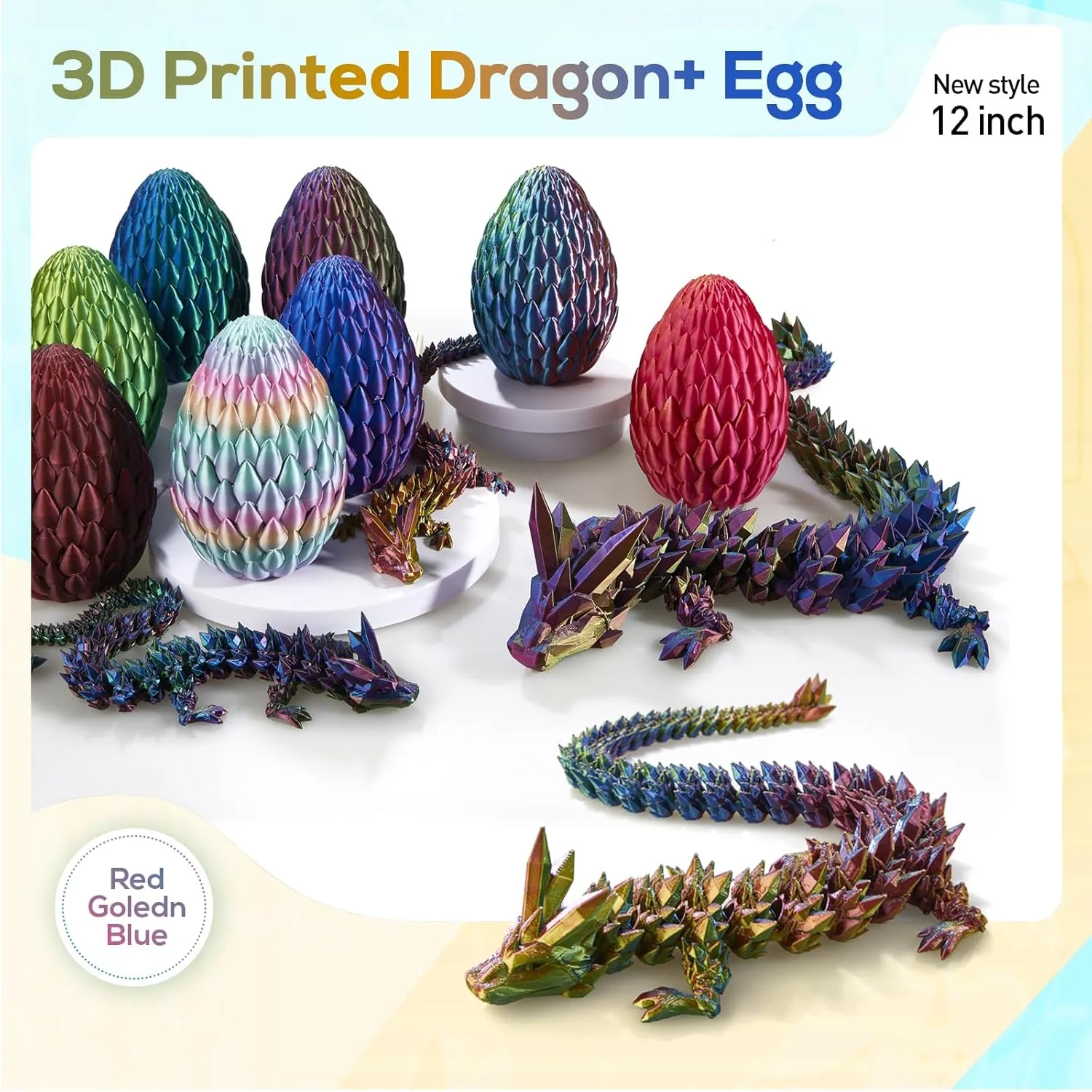 3D Printed Dragon,Dragon Eggs with Dragon Inside,Surprise Dragon Egg Toy,12'' Full Articulated Crystal 3D Dragon