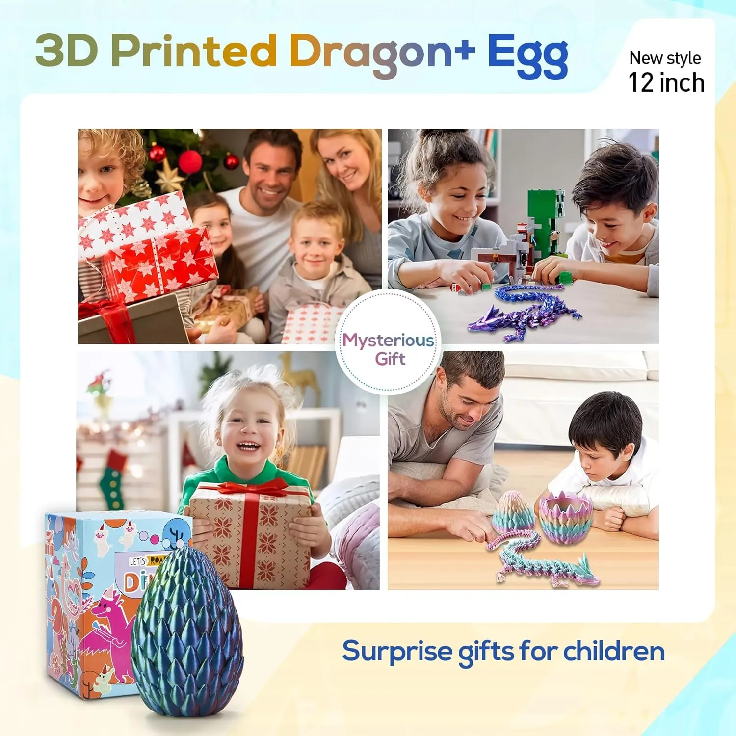 3D Printed Dragon,Dragon Eggs with Dragon Inside,Surprise Dragon Egg Toy,12'' Full Articulated Crystal 3D Dragon