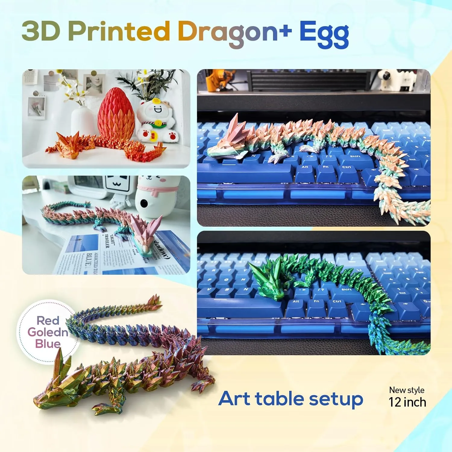 3D Printed Dragon,Dragon Eggs with Dragon Inside,Surprise Dragon Egg Toy,12'' Full Articulated Crystal 3D Dragon