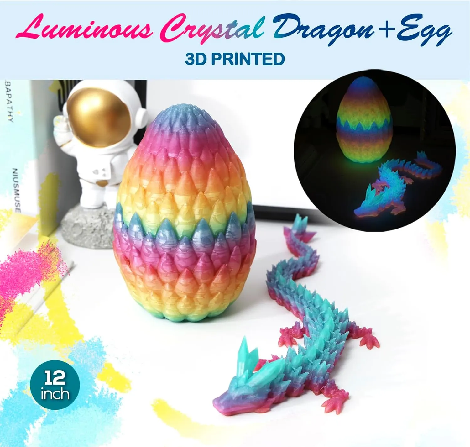 3D Printed Dragon,Dragon Eggs with Dragon Inside,Surprise Dragon Egg Toy,12'' Full Articulated Crystal 3D Dragonls