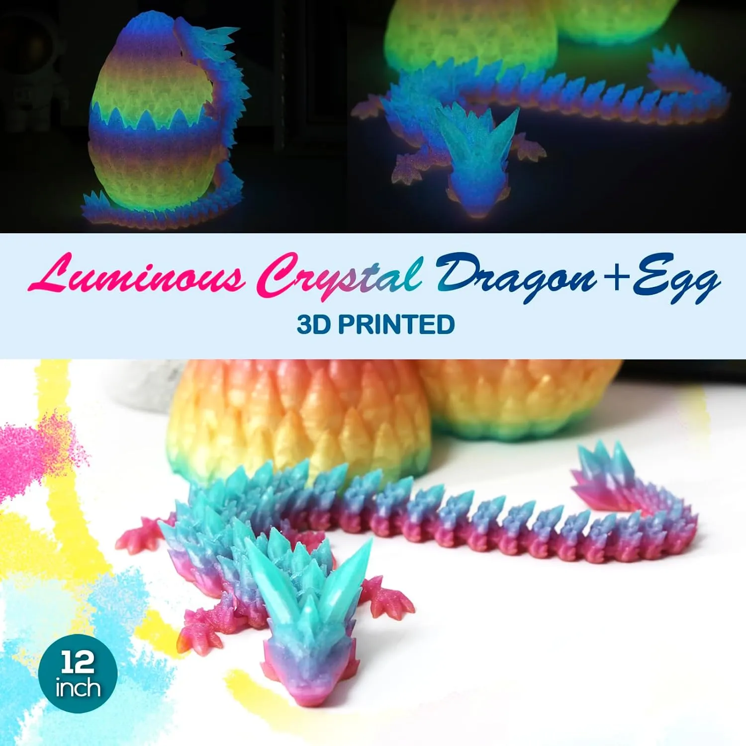 3D Printed Dragon,Dragon Eggs with Dragon Inside,Surprise Dragon Egg Toy,12'' Full Articulated Crystal 3D Dragonls