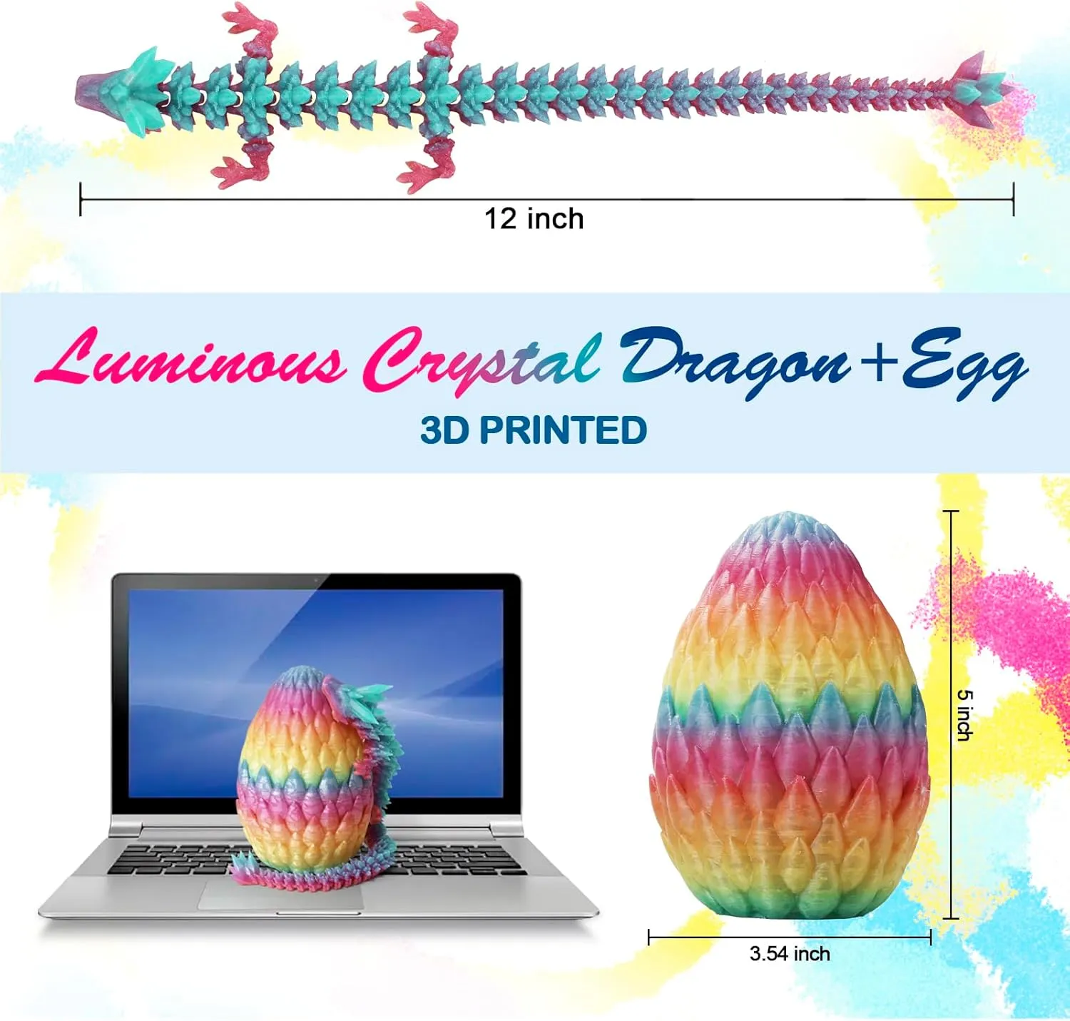 3D Printed Dragon,Dragon Eggs with Dragon Inside,Surprise Dragon Egg Toy,12'' Full Articulated Crystal 3D Dragonls