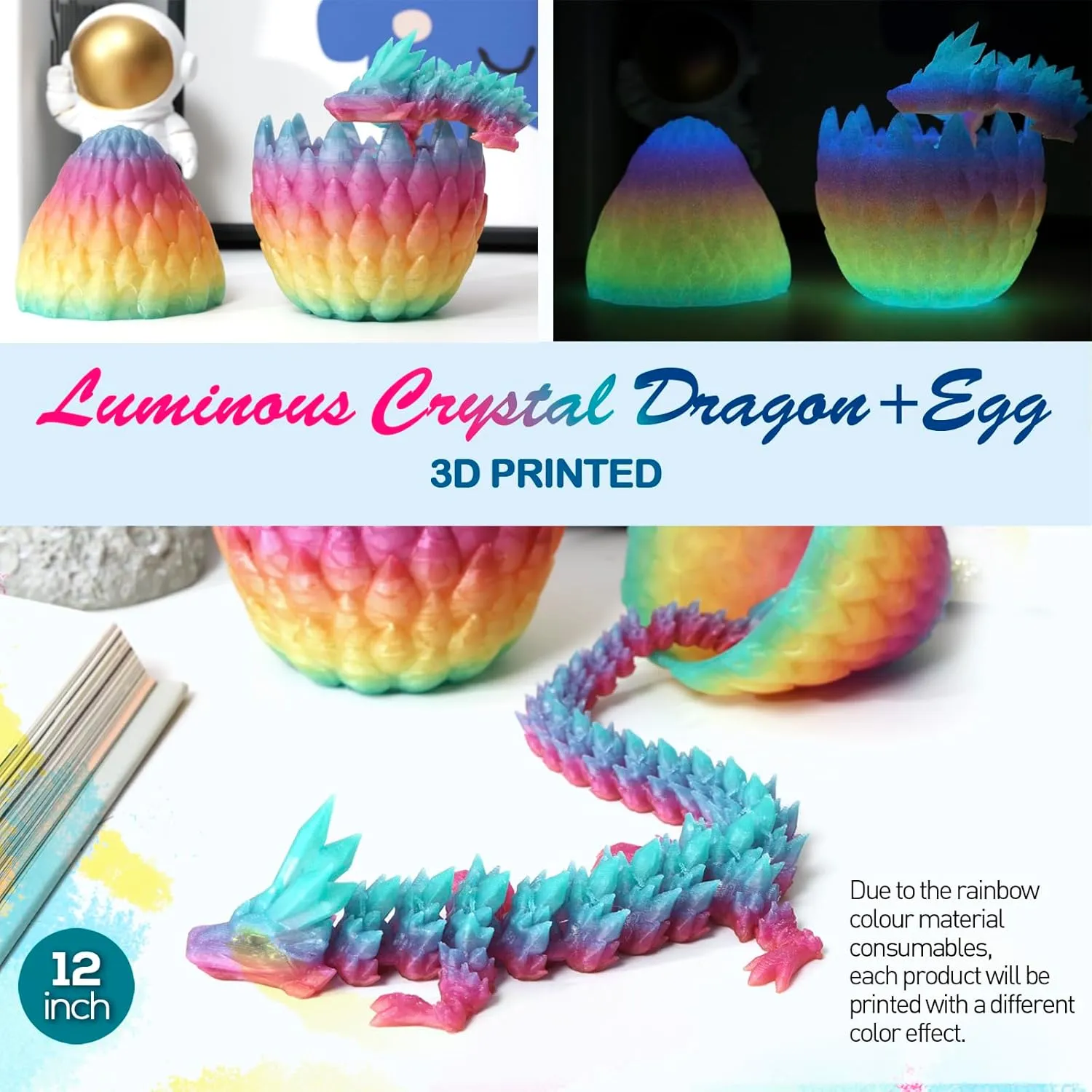 3D Printed Dragon,Dragon Eggs with Dragon Inside,Surprise Dragon Egg Toy,12'' Full Articulated Crystal 3D Dragonls