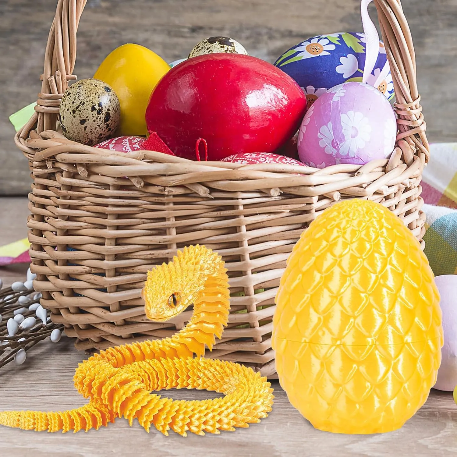 3D Printed Snake Dragon Egg Flexible 3D Printed Animals Fidget Snake Toys Easter Basket Stuffers Home Office Decor (2pcs.B)