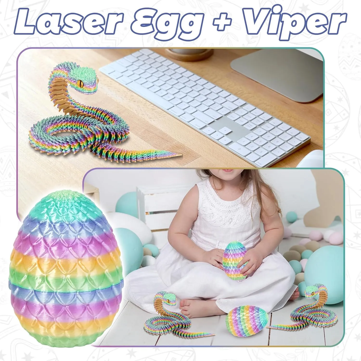 3D Printed Snake Dragon Egg Flexible 3D Printed Animals Fidget Snake Toys Easter Basket Stuffers Home Office Decor (2pcs.B)