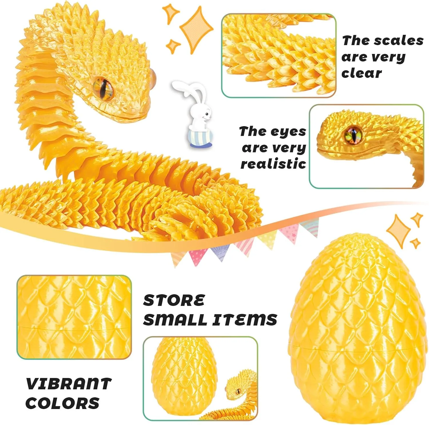 3D Printed Snake Dragon Egg Flexible 3D Printed Animals Fidget Snake Toys Easter Basket Stuffers Home Office Decor (2pcs.B)