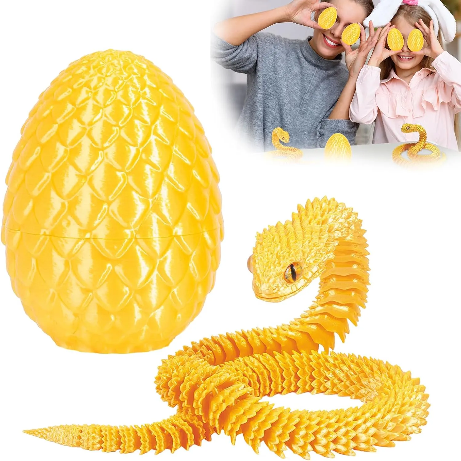 3D Printed Snake Dragon Egg Flexible 3D Printed Animals Fidget Snake Toys Easter Basket Stuffers Home Office Decor (2pcs.B)