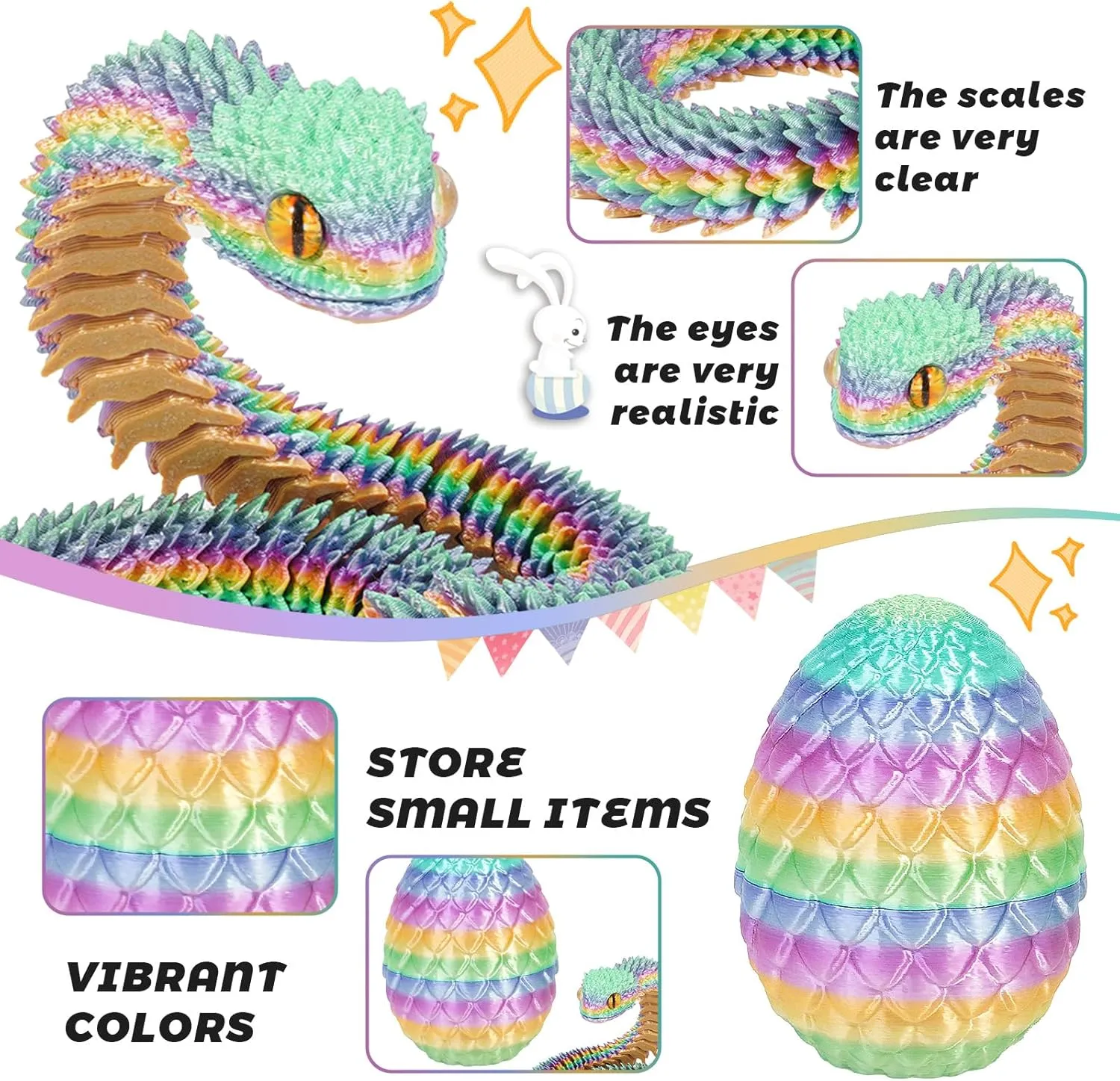 3D Printed Snake Dragon Egg Flexible 3D Printed Animals Fidget Snake Toys Easter Basket Stuffers Home Office Decor (2pcs.B)