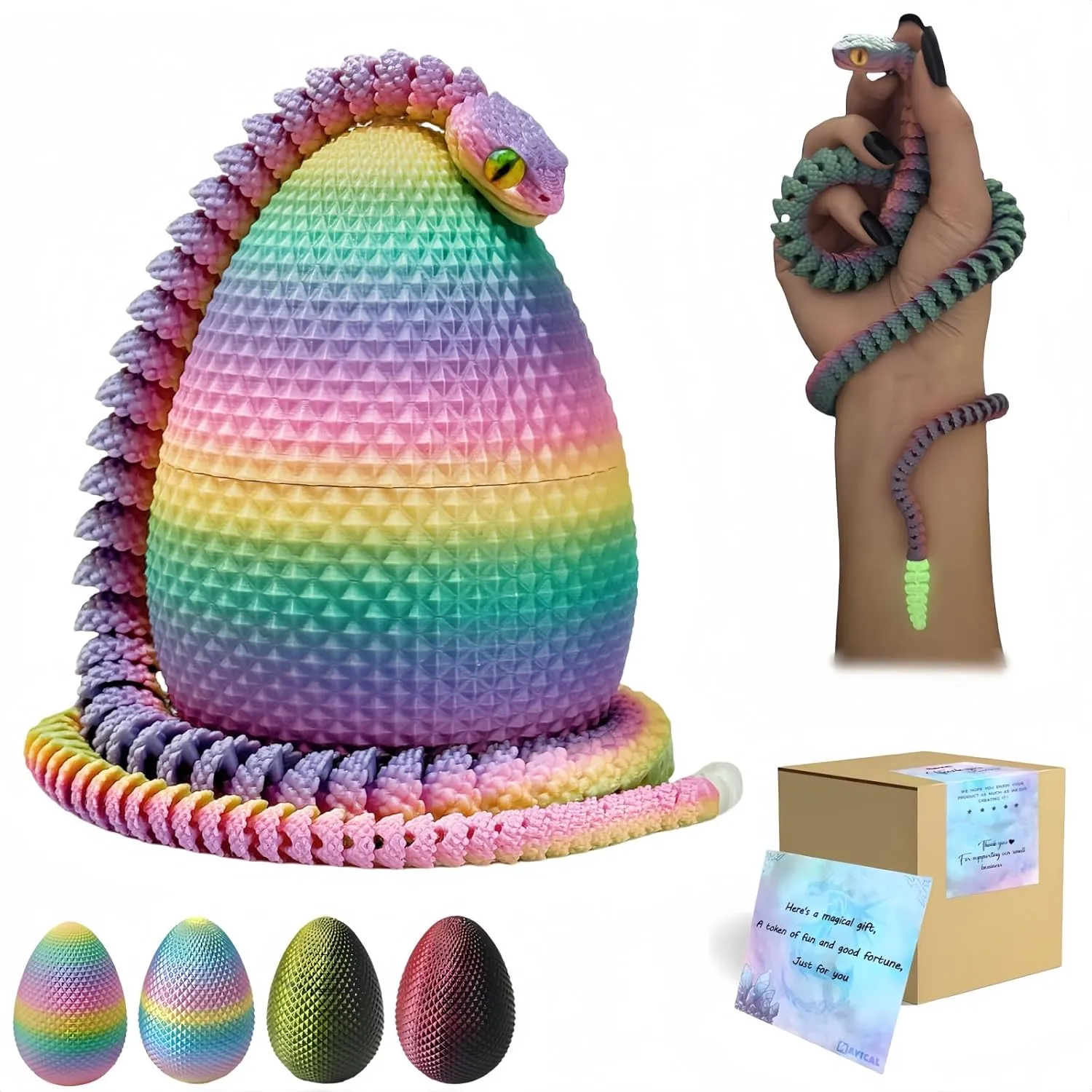 3D Printed Snake with Egg Set - 23.23Inch Flexible Articulated Snake with Luminous Tail, 3D Printed Animal with Snake Inside, Fake Snake Fidget Toys for Kids & Adults (Rainbow Color)