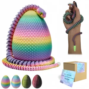 3D Printed Snake with Egg Set - 23.23Inch Flexible Articulated Snake with Luminous Tail, 3D Printed Animal with Snake Inside, Fake Snake Fidget Toys for Kids & Adults (Rainbow Color)