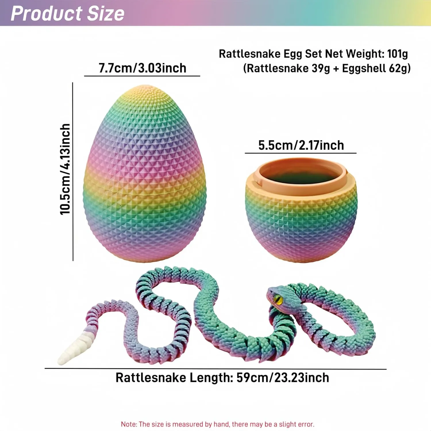 3D Printed Snake with Egg Set - 23.23Inch Flexible Articulated Snake with Luminous Tail, 3D Printed Animal with Snake Inside, Fake Snake Fidget Toys for Kids & Adults (Rainbow Color)