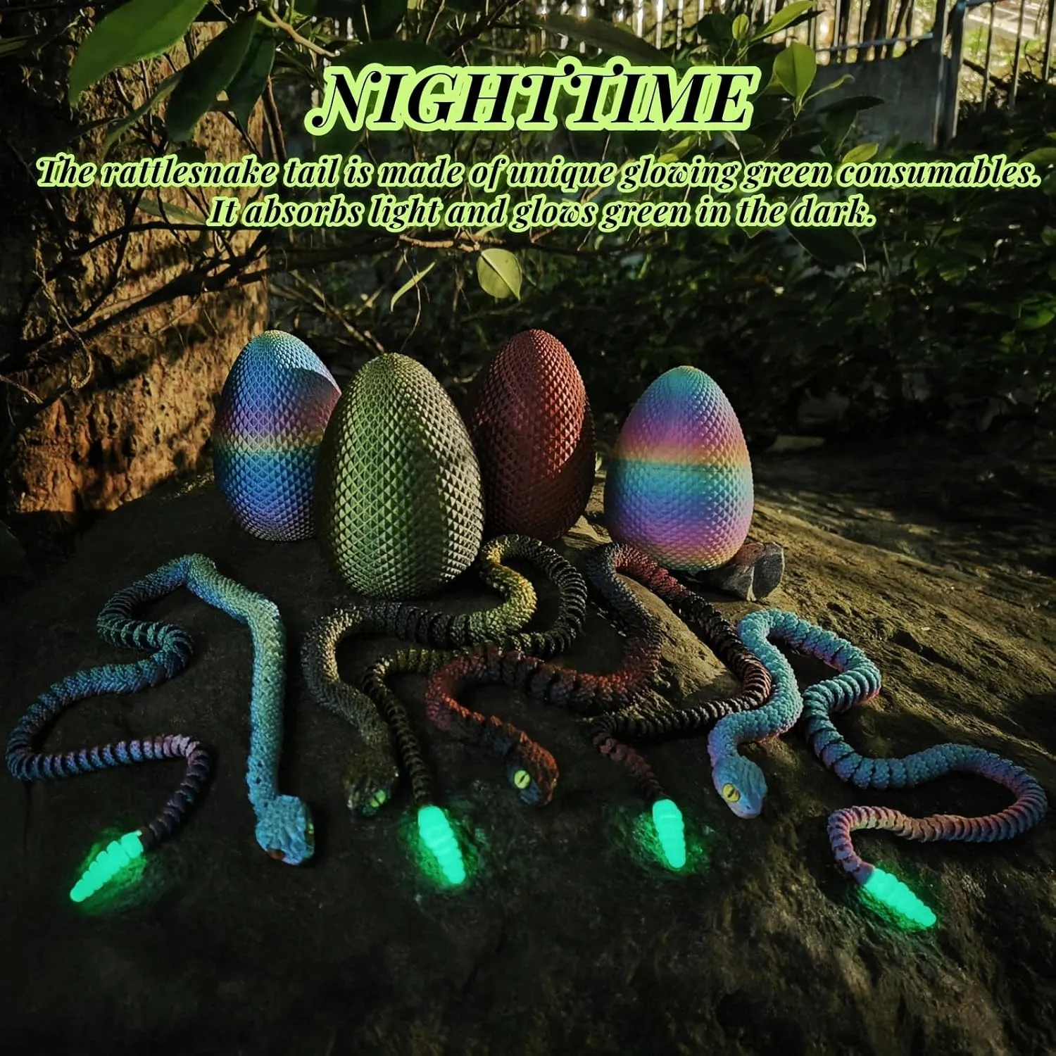 3D Printed Snake with Egg Set - 23.23Inch Flexible Articulated Snake with Luminous Tail, 3D Printed Animal with Snake Inside, Fake Snake Fidget Toys for Kids & Adults (Rainbow Color)