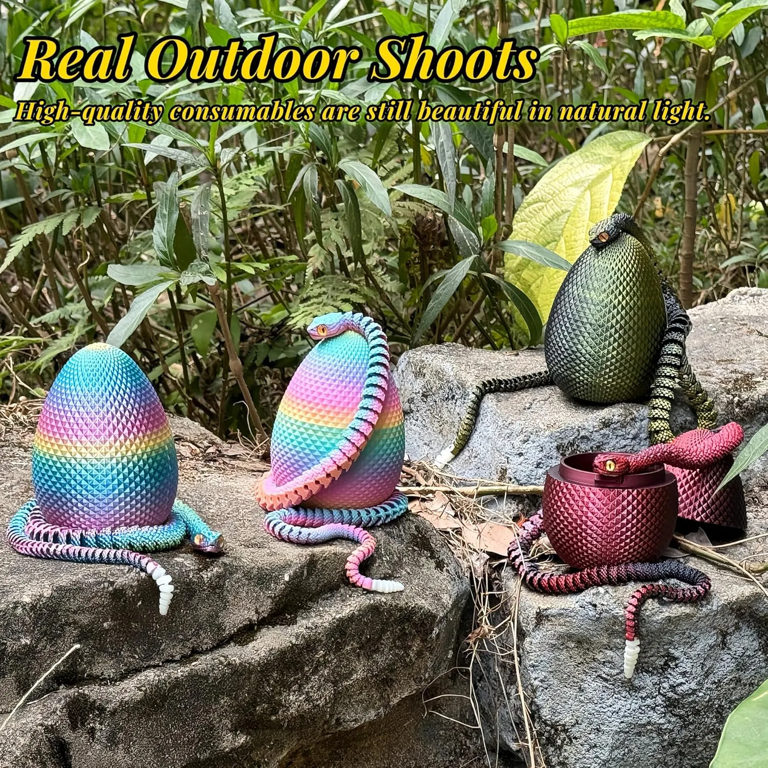 3D Printed Snake with Egg Set - 23.23Inch Flexible Articulated Snake with Luminous Tail, 3D Printed Animal with Snake Inside, Fake Snake Fidget Toys for Kids & Adults (Rainbow Color)