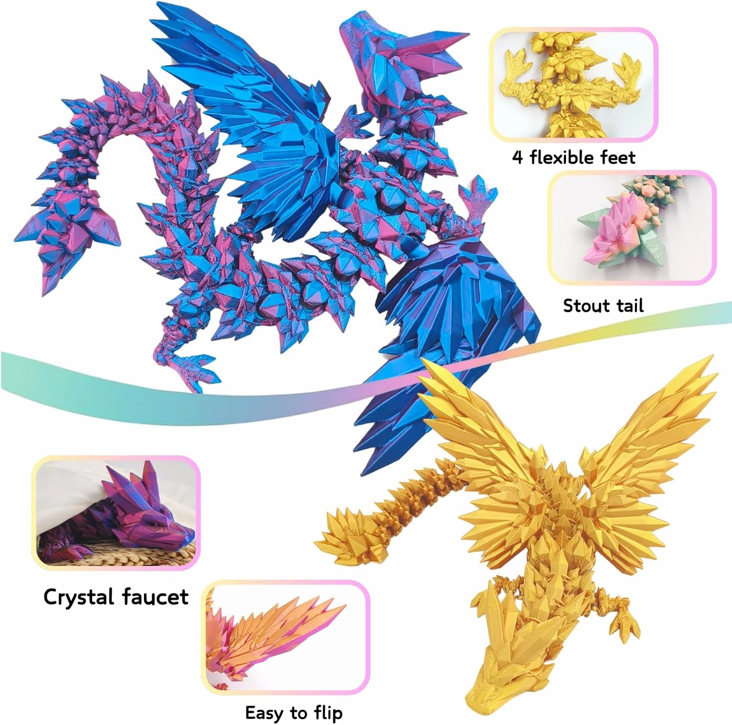 3D Printed Dragon - 18 inch Flying Flexible Dragon with Wings, Home Decor, Birthday Gift, Desk Pet (Golden)
