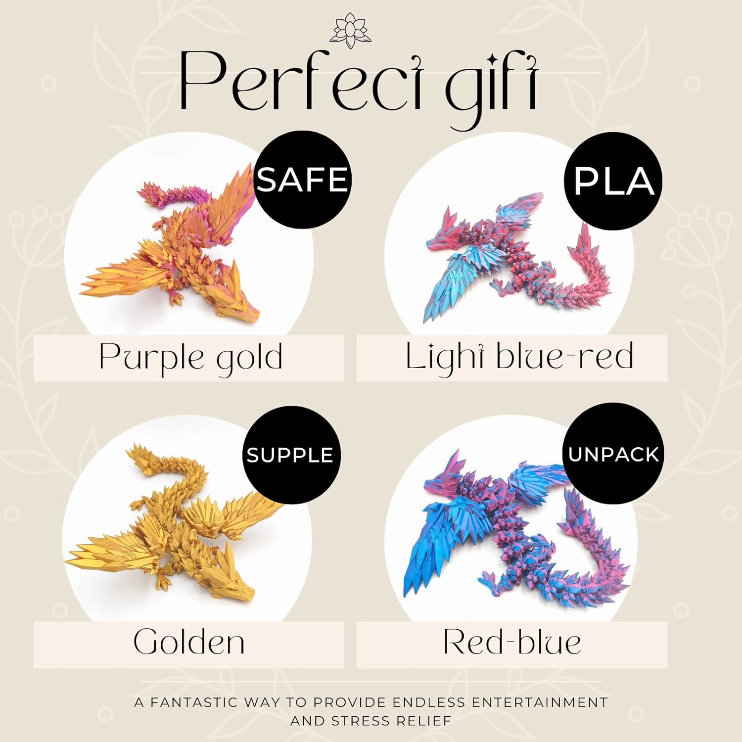 3D Printed Dragon - 18 inch Flying Flexible Dragon with Wings, Home Decor, Birthday Gift, Desk Pet (Golden)