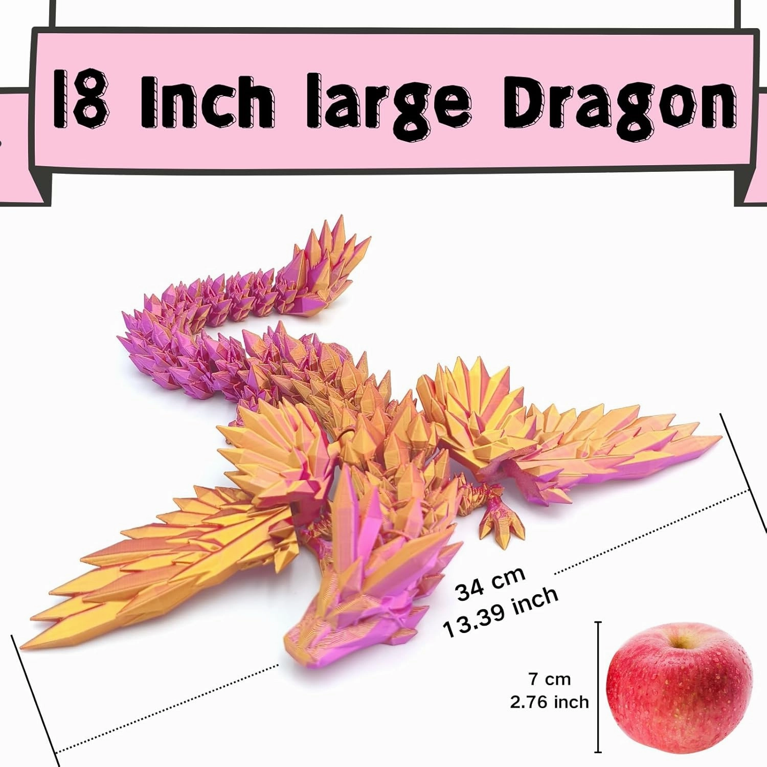 3D Printed Dragon - 18 inch Flying Flexible Dragon with Wings, Home Decor, Birthday Gift, Desk Pet (Golden)