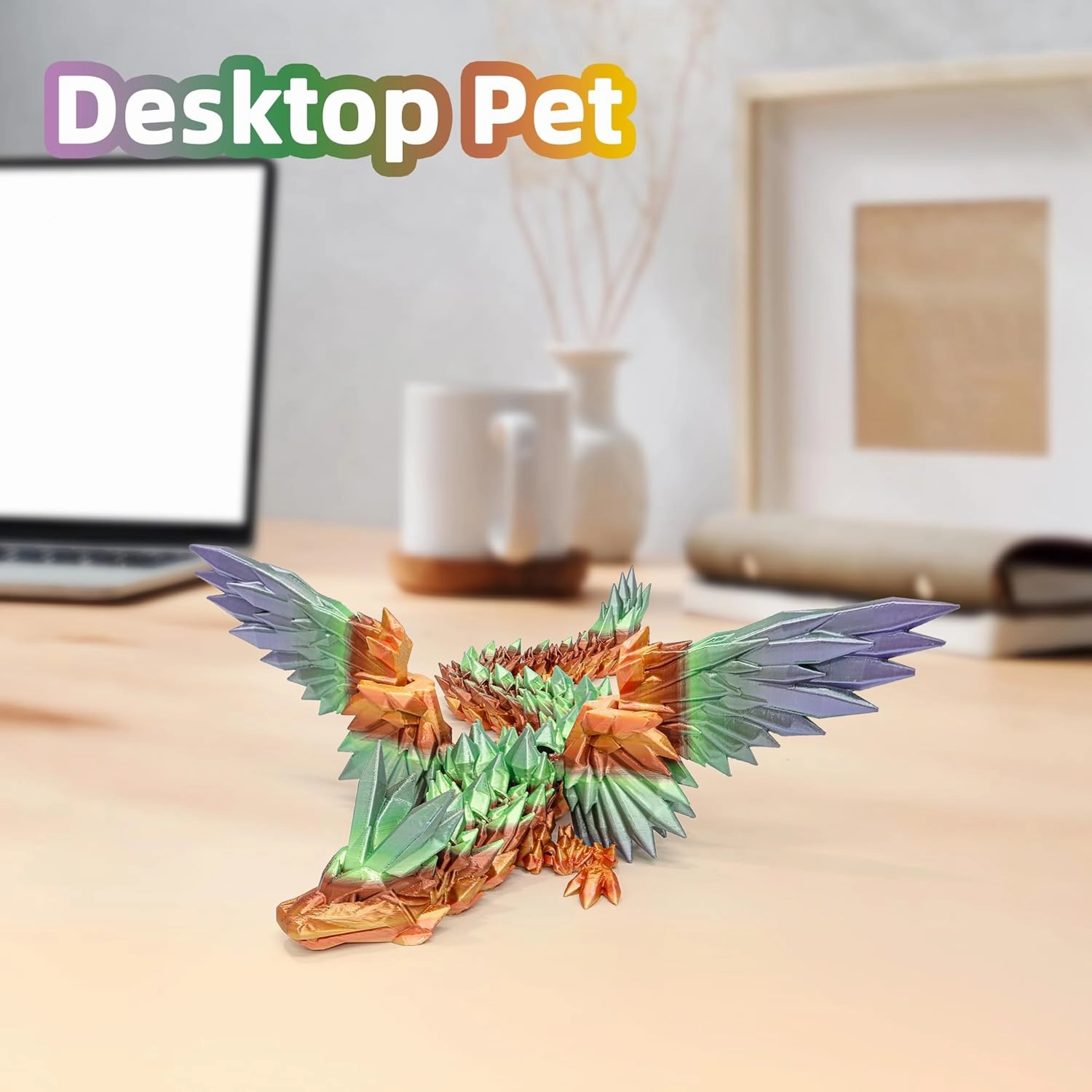 3D Printed Dragon - Extra Large 18 inch Flying Dragon with Wings, XL Articulated Winged Crystal Fidget Toy, Home Decor, Birthday Gift, Desk Pet - Magic Rainbow