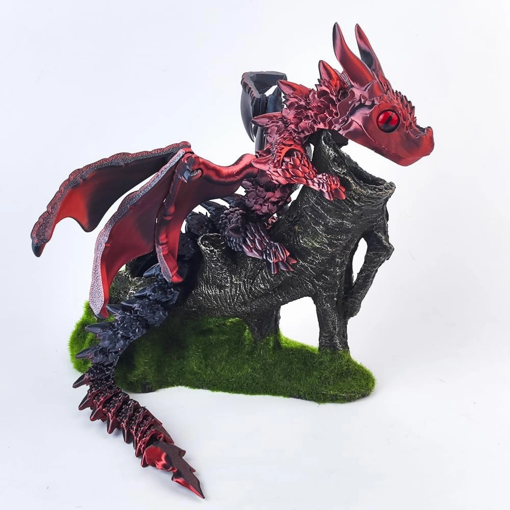 3D Printed Dragon with Wings,3D Printed Animals Toys, Fidget Dragon Toys, Flexible Articulated Winged Crystal Dragon Model,Desktop Pet Deco (Black-Red)