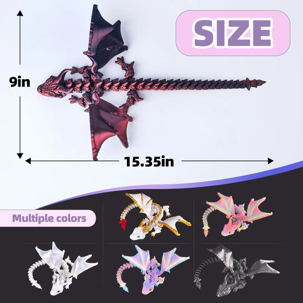 3D Printed Dragon with Wings,3D Printed Animals Toys, Fidget Dragon Toys, Flexible Articulated Winged Crystal Dragon Model,Desktop Pet Deco (Black-Red)