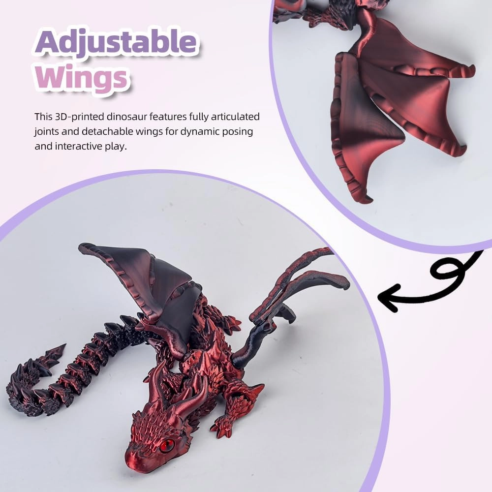 3D Printed Dragon with Wings,3D Printed Animals Toys, Fidget Dragon Toys, Flexible Articulated Winged Crystal Dragon Model,Desktop Pet Deco (Black-Red)