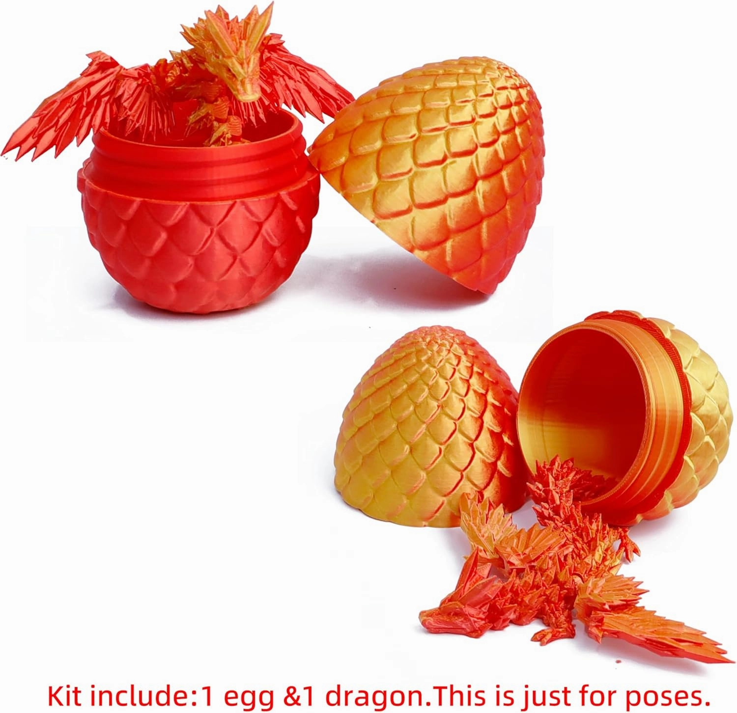 3D Printed Flying Dragon in Egg - 9" Flexible Winged Dragon Inside, Easter Egg, Colorful Fidget Toy, Birthday Gift, Desk Pet Figure (Red Gold)