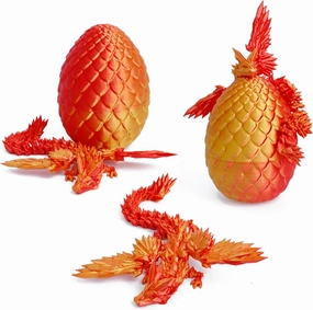 3D Printed Flying Dragon in Egg - 9" Flexible Winged Dragon Inside, Easter Egg, Colorful Fidget Toy, Birthday Gift, Desk Pet Figure (Red Gold)