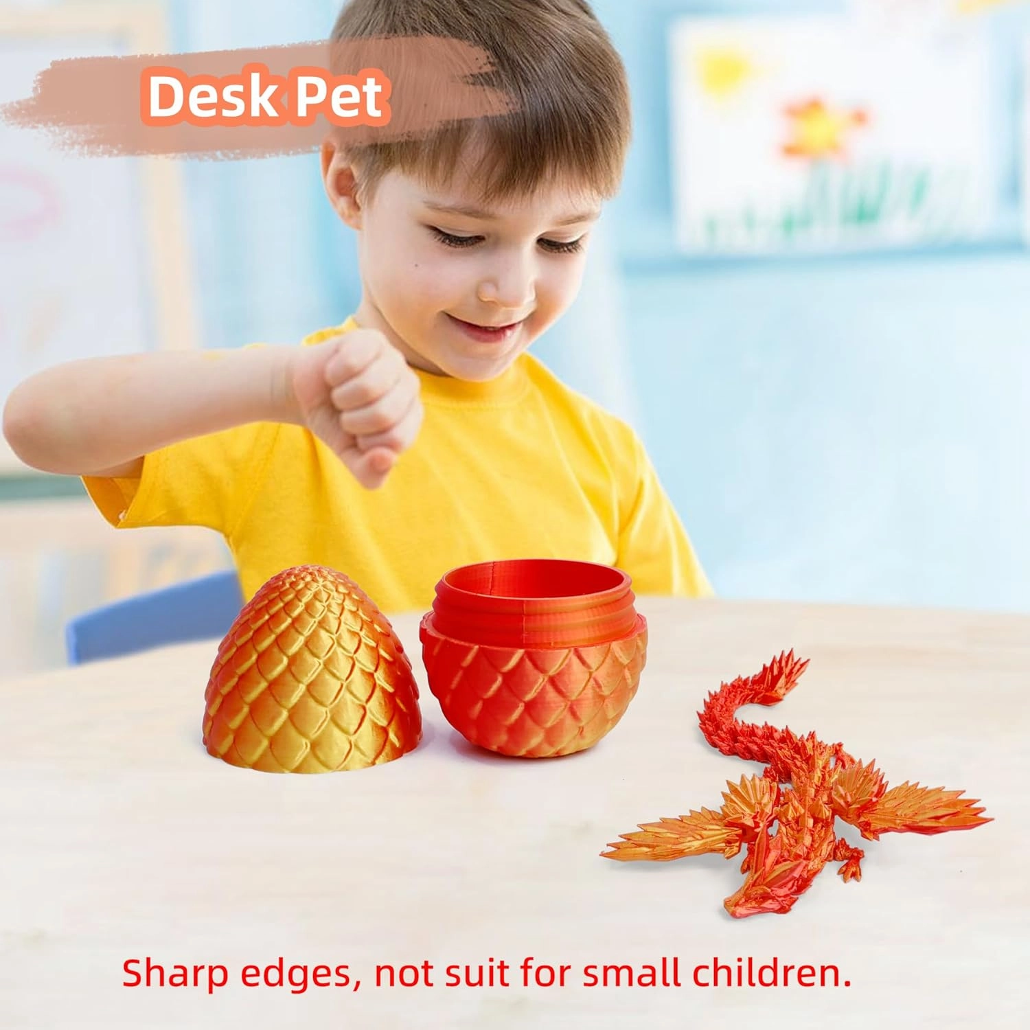 3D Printed Flying Dragon in Egg - 9" Flexible Winged Dragon Inside, Easter Egg, Colorful Fidget Toy, Birthday Gift, Desk Pet Figure (Red Gold)