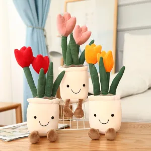 3pcs Tulip Plush Toy, Stuffed Flower Pot Throw Plushie Doll, Soft Plush Toys Indoor Decoration Festival Gifts (Tulip-Red  Orange  Pink)