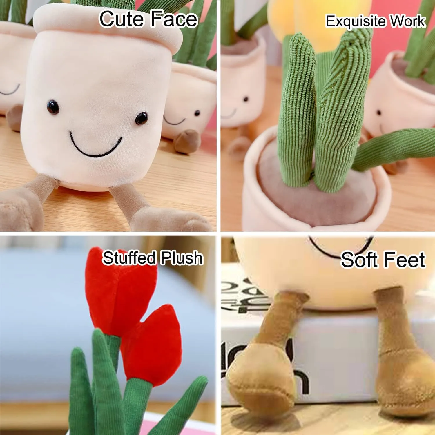 3pcs Tulip Plush Toy, Stuffed Flower Pot Throw Plushie Doll, Soft Plush Toys Indoor Decoration Festival Gifts (Tulip-Red  Orange  Pink)