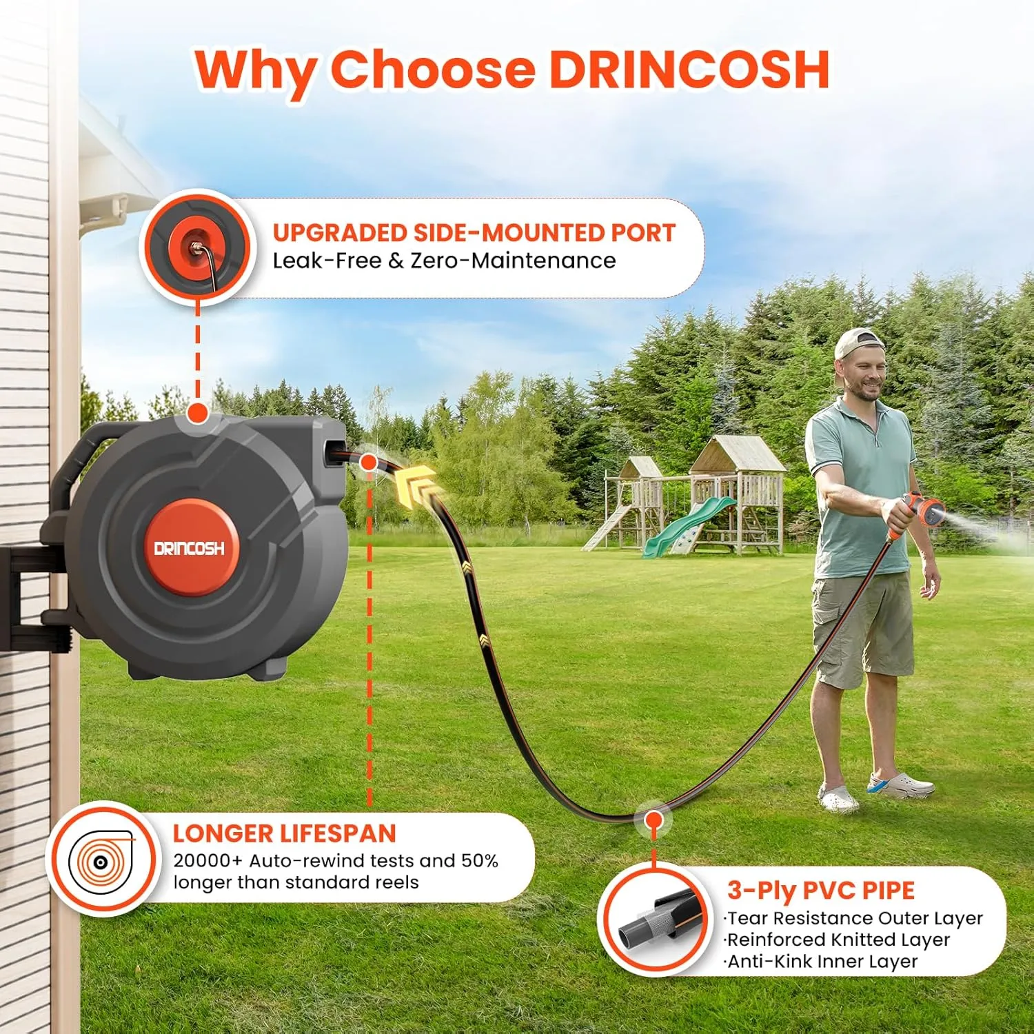 3rd Generation Retractable Garden Hose 100 ft x 1/2 inch Heavy Duty Wall-Mounted Hose Reel 180° Swivel Automatic Slow Return Any Length Lock 9 Pattern Nozzle UV Resistant (Black)