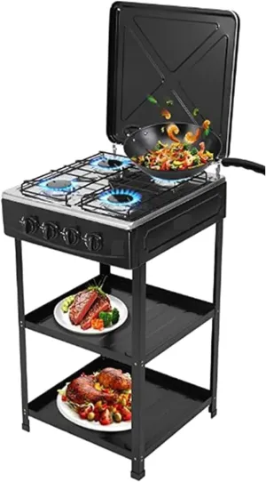 4 Burner Camping Stove, Portable LNG Gas Stove Propane Stove with Support Leg Bracket & Wind Blocking Cover Adapter, Manual Ignition, Suitable for Home, RV, Apartment, Outdoor Cooking