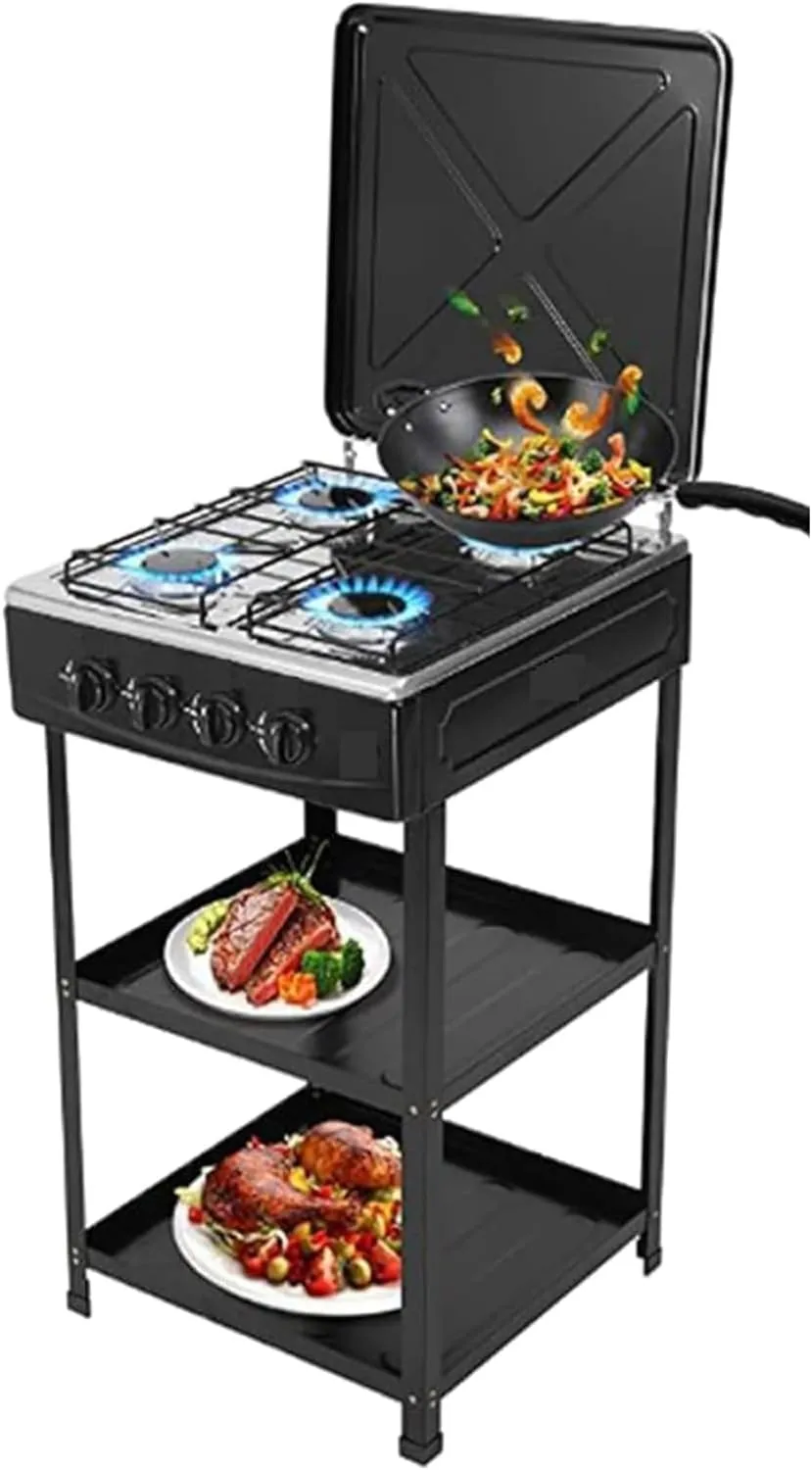 4 Burner Camping Stove, Portable LNG Gas Stove Propane Stove with Support Leg Bracket & Wind Blocking Cover Adapter, Manual Ignition, Suitable for Home, RV, Apartment, Outdoor Cooking