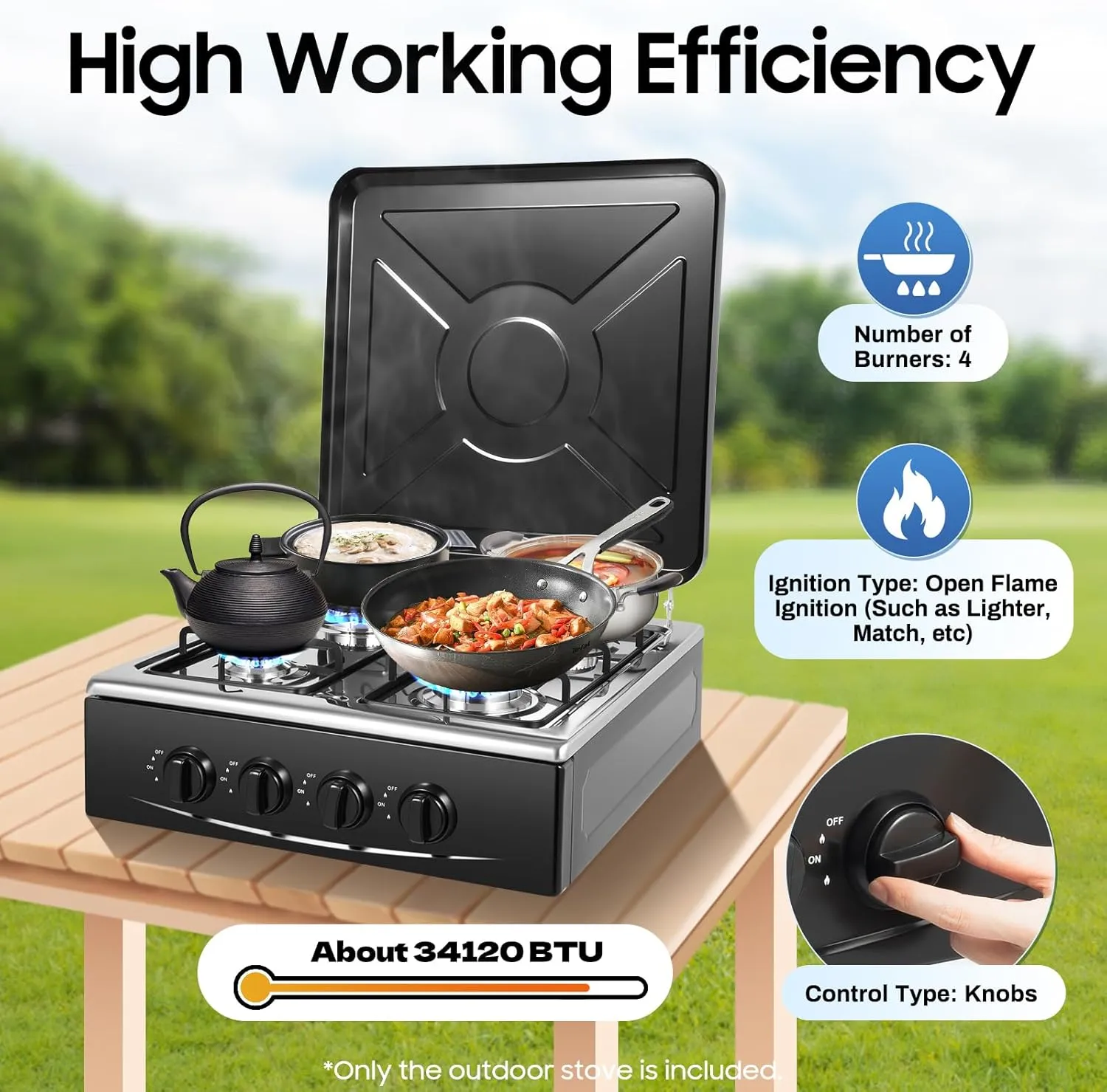 4 Burner Gas Stove Portable Outdoor Stove, Heavy Duty Stainless Steel Gas Cooker with Storage Rack & Wind Blocking Cover Adapter Manual Ignition, for Home, RV, Apartment, Outdoor Cooking (No Hose)