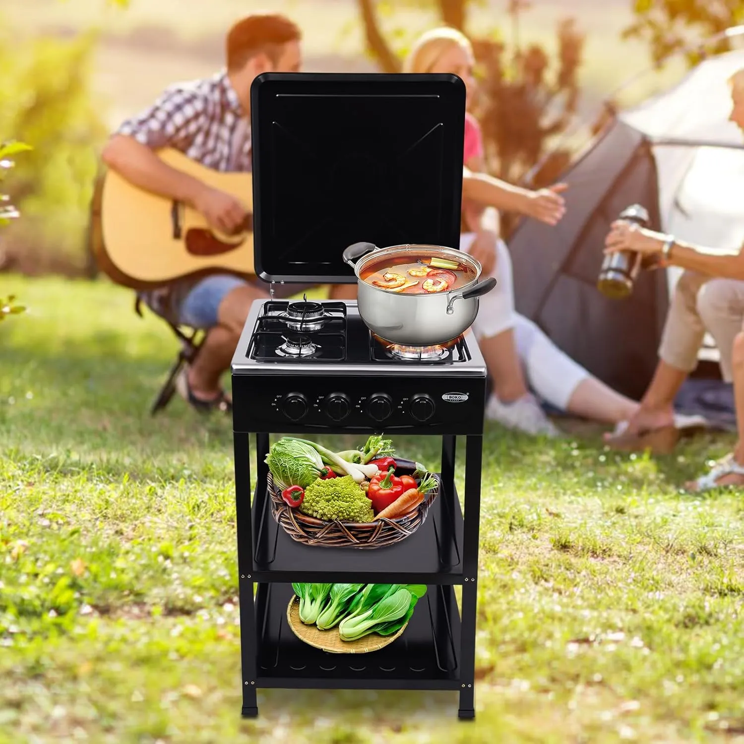 4 Burner Gas Stove Portable Outdoor Stove, Heavy Duty Stainless Steel Gas Cooker with Storage Rack & Wind Blocking Cover Adapter Manual Ignition, for Home, RV, Apartment, Outdoor Cooking (No Hose)