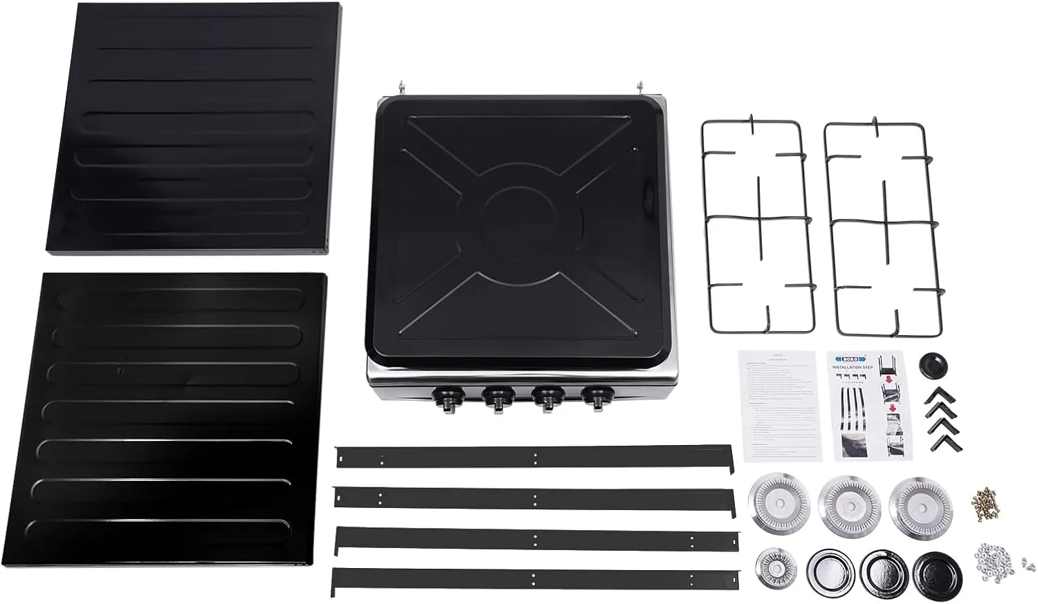 4 Burner Gas Stove Portable Outdoor Stove, Heavy Duty Stainless Steel Gas Cooker with Storage Rack & Wind Blocking Cover Adapter Manual Ignition, for Home, RV, Apartment, Outdoor Cooking (No Hose)