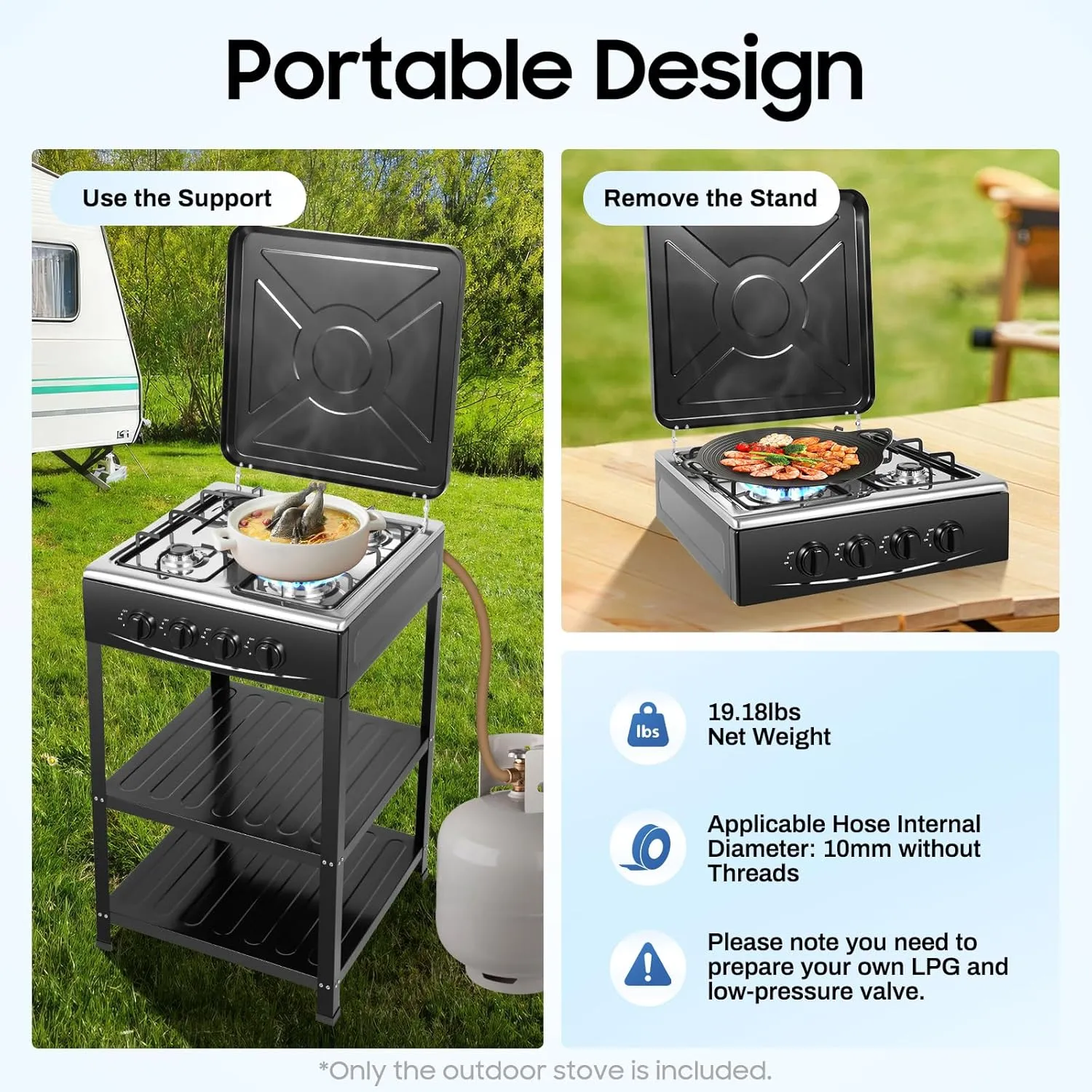 4 Burner Gas Stove Portable Outdoor Stove, Heavy Duty Stainless Steel Gas Cooker with Storage Rack & Wind Blocking Cover Adapter Manual Ignition, for Home, RV, Apartment, Outdoor Cooking (No Hose)