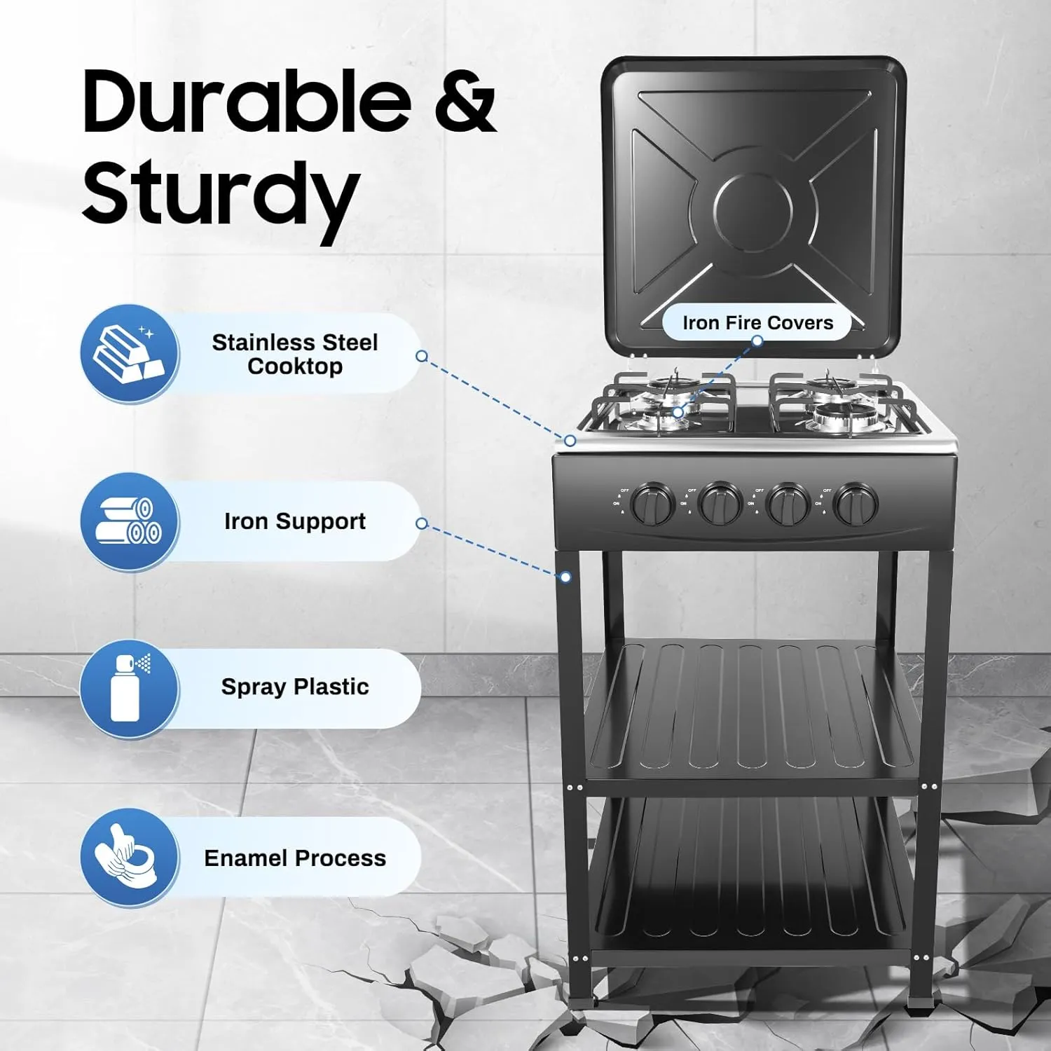 4 Burner Gas Stove Portable Outdoor Stove, Heavy Duty Stainless Steel Gas Cooker with Storage Rack & Wind Blocking Cover Adapter Manual Ignition, for Home, RV, Apartment, Outdoor Cooking (No Hose)