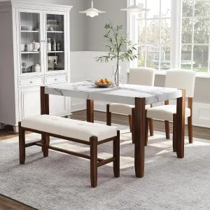 4-Piece Modern Dining Furniture Set for Family Gatherings, Space-Saving Design with Faux Marble Table, Comfortable Upholstered Chairs & Bench