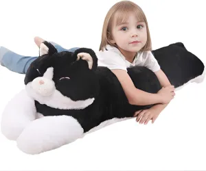 40'' Large Cat Sleeping Long Plush Pillow Toy, Milk Black White Kitty Soft Cat Stuffed Animals, Big Kitten Plushies Cute Doll Gift for Kids Girls Boys, Birthday