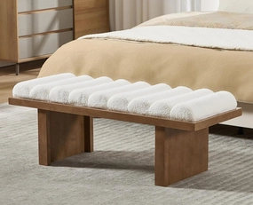 47 Inch End of Bed Bench, Modern Upholstered Entryway Bench with Natural Wooden Base/Padded Cylindrical Cushion, Boucle Fabric Ottoman Bench for Bedroom, Living Room, Sherpa White