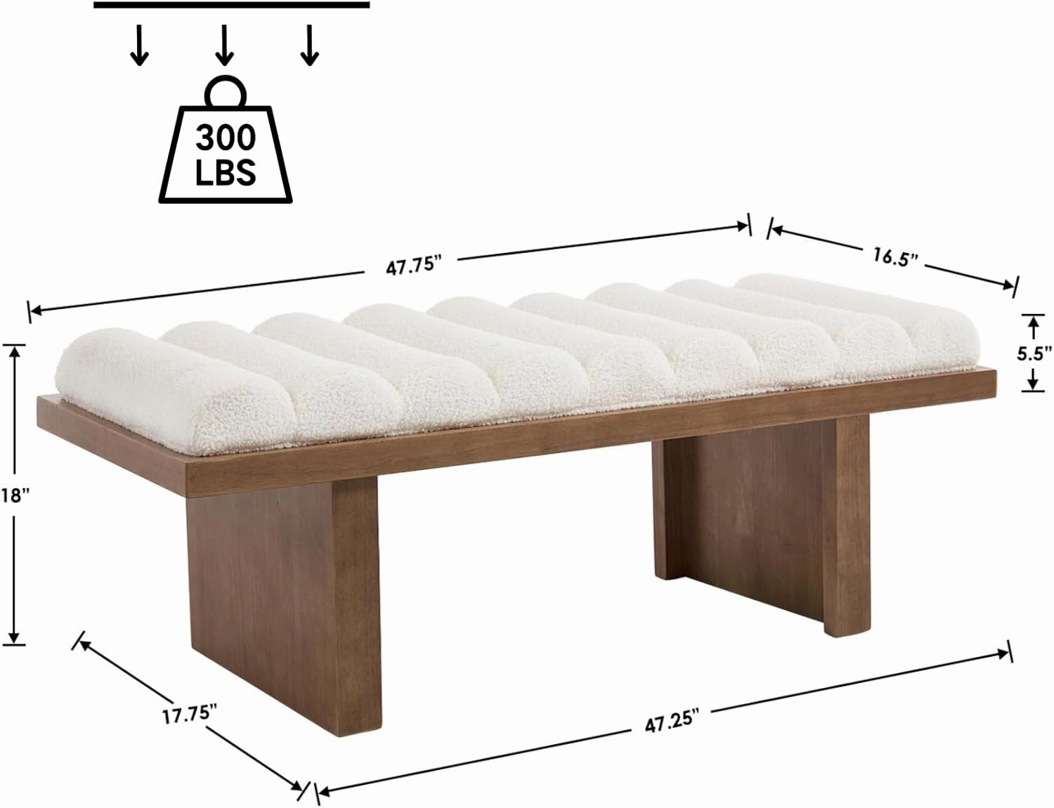 47 Inch End of Bed Bench, Modern Upholstered Entryway Bench with Natural Wooden Base/Padded Cylindrical Cushion, Boucle Fabric Ottoman Bench for Bedroom, Living Room, Sherpa White