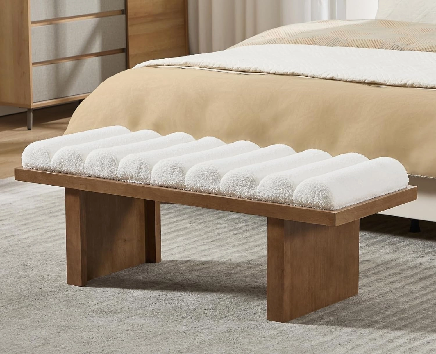 47 Inch End of Bed Bench, Modern Upholstered Entryway Bench with Natural Wooden Base/Padded Cylindrical Cushion, Boucle Fabric Ottoman Bench for Bedroom, Living Room, Sherpa White