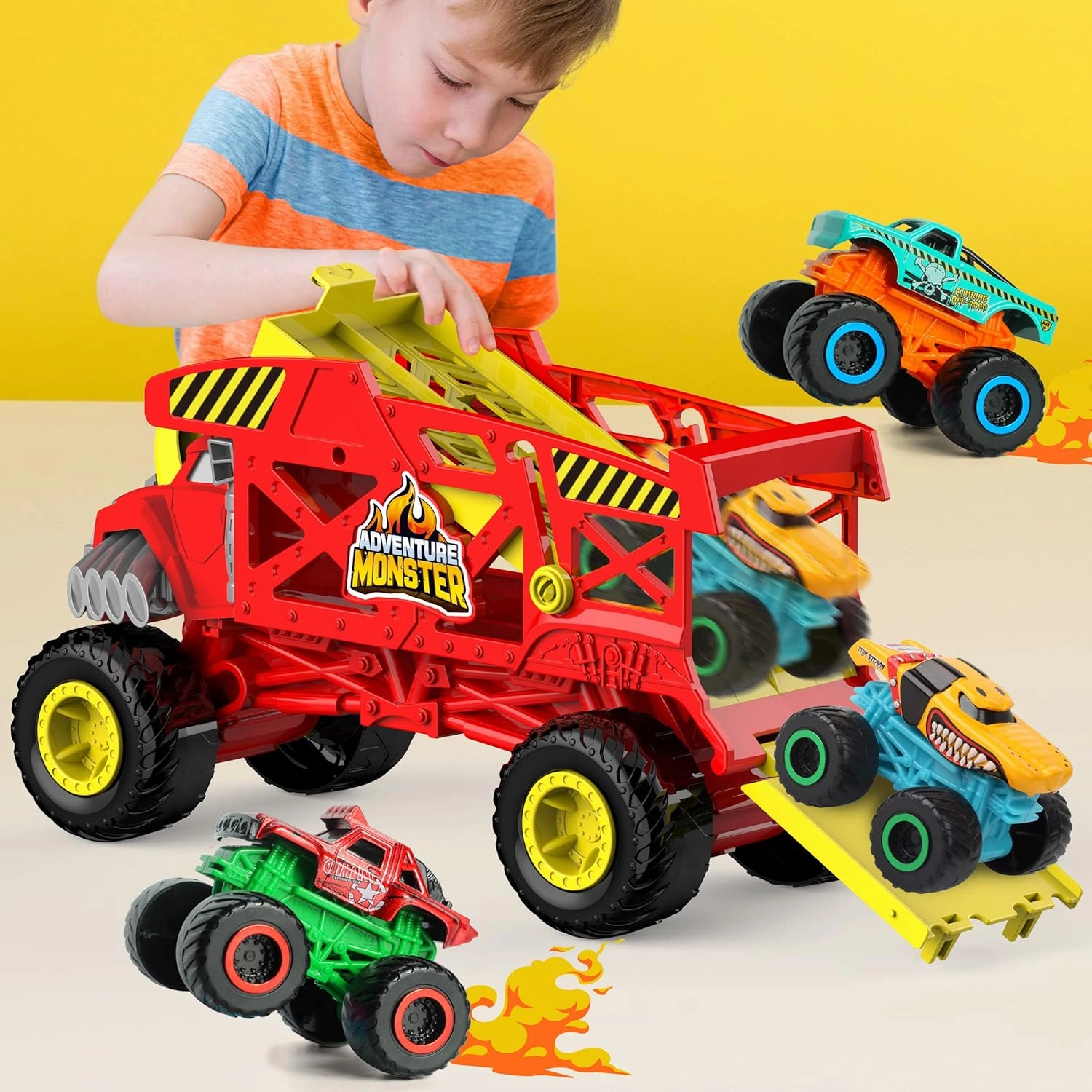 4-in-1 Mounster Truck Transport Carrier Playset, Red Mover Rhino Toy Cars Hauler Set for Children, Including 3 Diecast Monster Trucks, Ideal Gift for Kids 3 