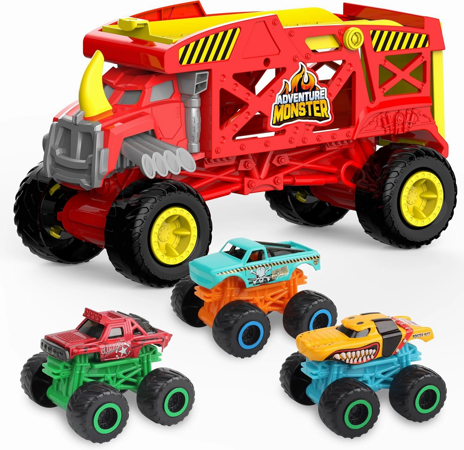 4-in-1 Mounster Truck Transport Carrier Playset, Red Mover Rhino Toy Cars Hauler Set for Children, Including 3 Diecast Monster Trucks, Ideal Gift for Kids 3 