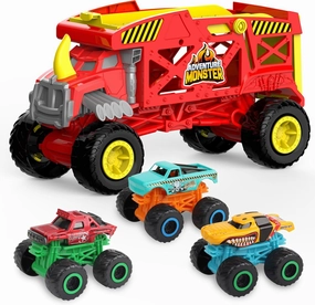 4-in-1 Mounster Truck Transport Carrier Playset, Red Mover Rhino Toy Cars Hauler Set for Children, Including 3 Diecast Monster Trucks, Ideal Gift for Kids 3 