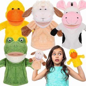 4 Pcs Hand Puppet Animal with Working Mouth 9.8 Inch Animal Puppet Soft Plush Toy for Storytelling Theater Preschool Birthday Gifts(Cow, Frog, Duck, Sheep)