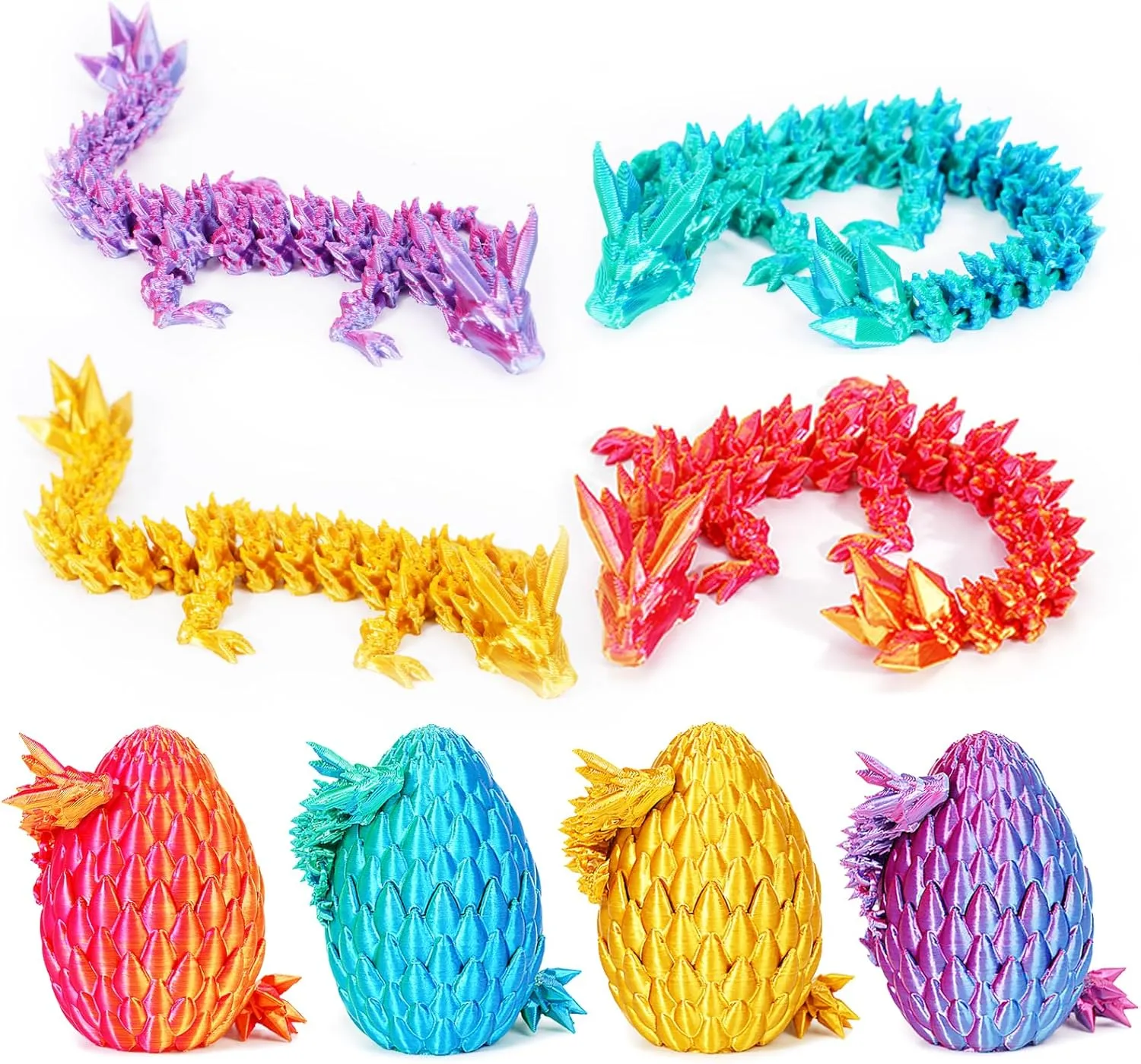 4PCS 3D Printed Dragon Eggs with Dragon Inside,Mini Easter Eggs Articulated Crystal Dragon Fidget Toys,Easter Basket Stuffers,Mystery Mythical Pieces Dragon,3D Printed Animals Toy Set