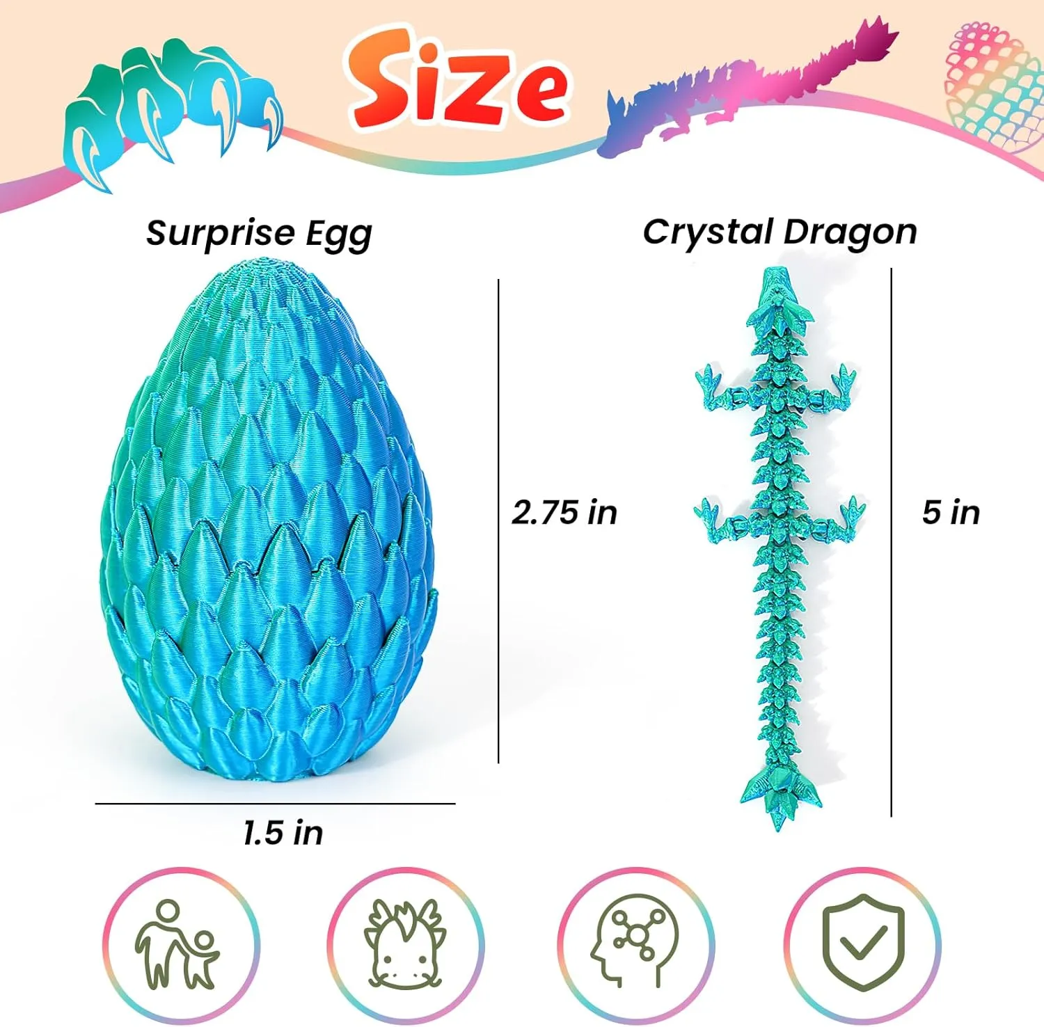 4PCS 3D Printed Dragon Eggs with Dragon Inside,Mini Easter Eggs Articulated Crystal Dragon Fidget Toys,Easter Basket Stuffers,Mystery Mythical Pieces Dragon,3D Printed Animals Toy Set