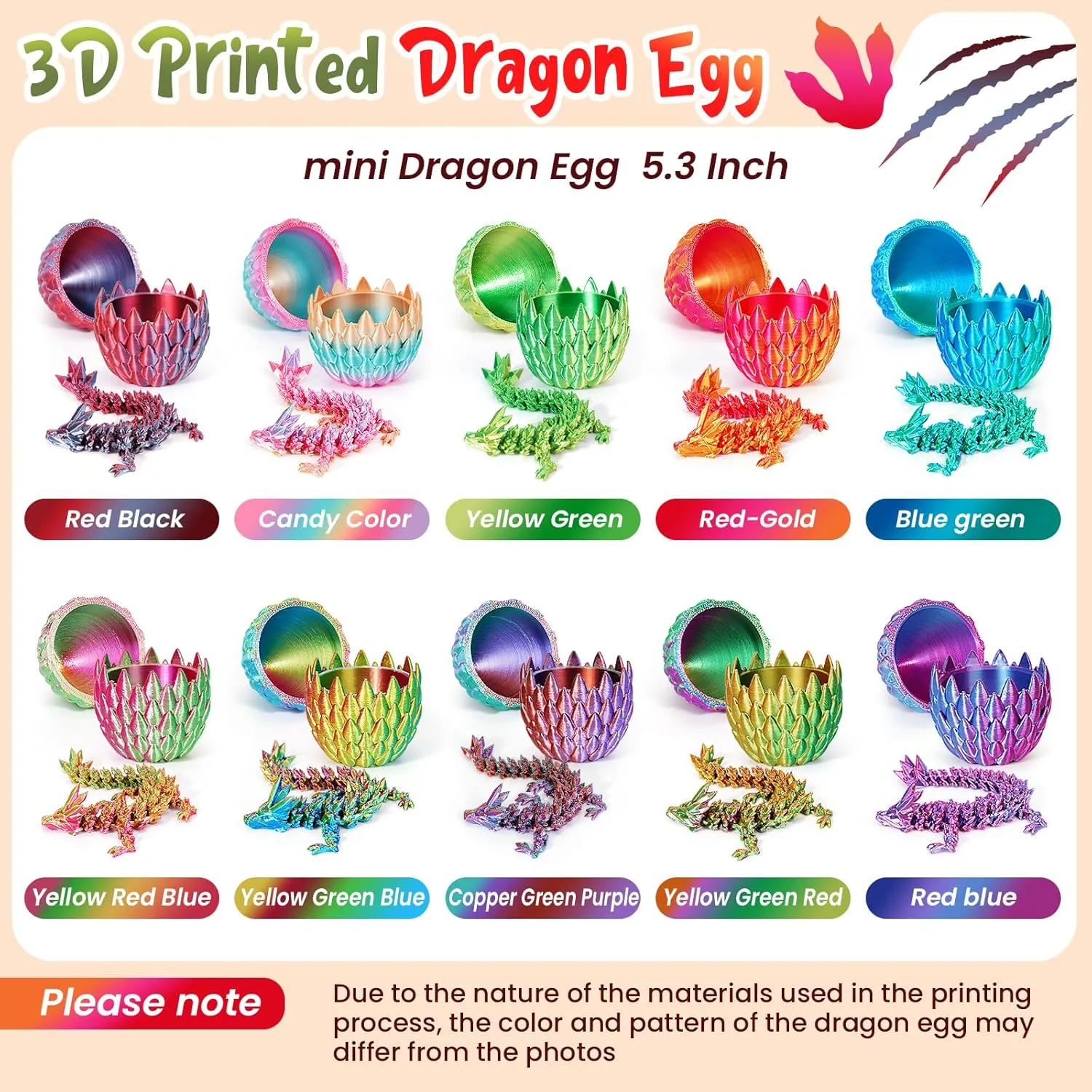 4PCS 3D Printed Dragon Eggs with Dragon Inside,Mini Easter Eggs Articulated Crystal Dragon Fidget Toys,Easter Basket Stuffers,Mystery Mythical Pieces Dragon,3D Printed Animals Toy Set
